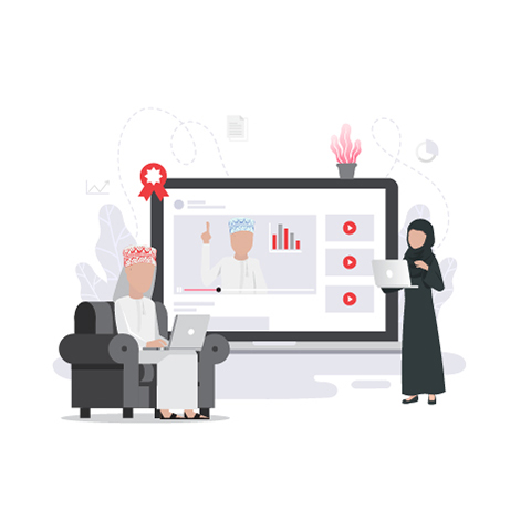 Vector illustration of an Omani business meeting, featuring a man in traditional Omani attire, including a dishdasha and kummah, seated with a laptop, and a woman in a black abaya and hijab standing with a tablet. They are in front of a display screen showing financial charts and graphs, indicating a professional setting with a focus on data analysis or financial reporting in Oman